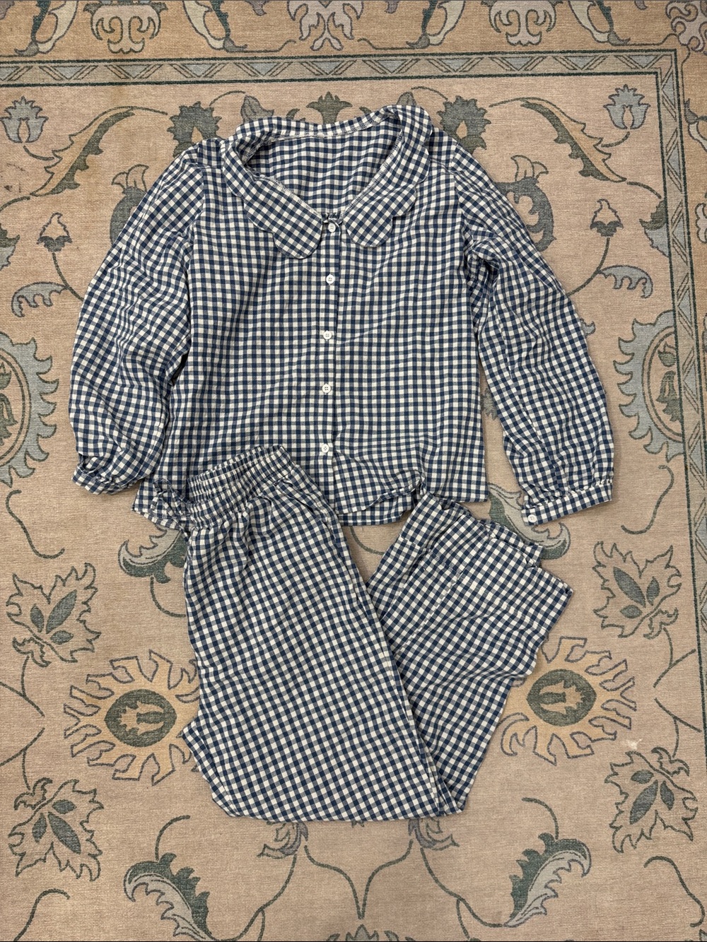Blue Gingham Button-Up Pajama Set Cottage Core Cozy Autumn Scalloped